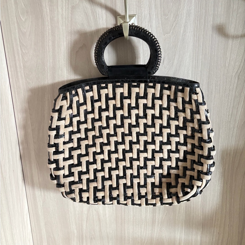 Nancy Gonzalez Black and Cream Woven Handbag